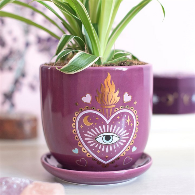 Enchanting Mystical Plant Pot with Saucer - Sacred Heart Design