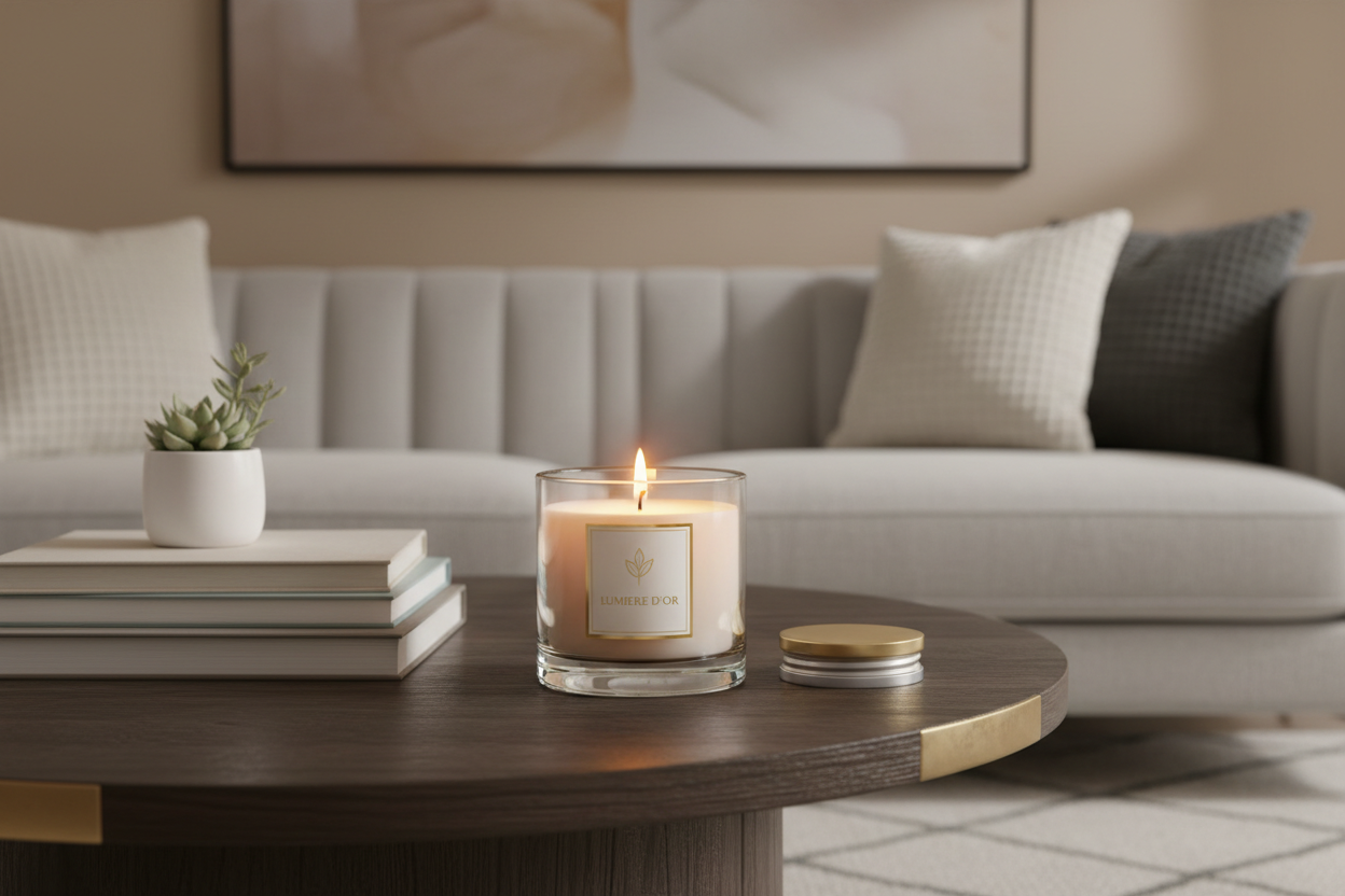 A lit scented candle in a clear glass jar sits on a round dark wood coffee table in a modern living room setting, with stacked books, a small potted succulent, a white sofa, and a framed wall art piece in the background.