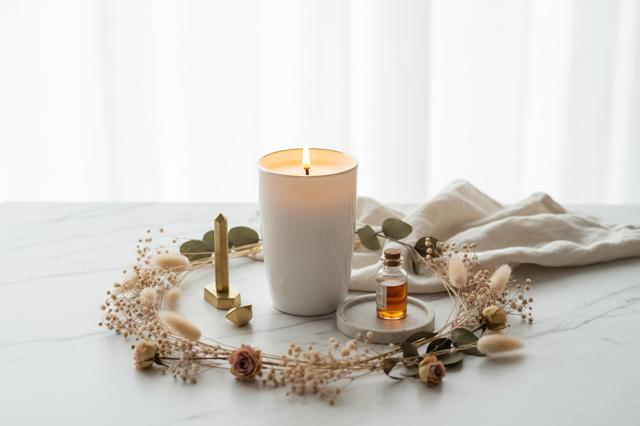 A lit white candle sits on a light marble surface surrounded by dried flowers, greenery, a small amber bottle, and a folded cream cloth against a soft white curtain background.