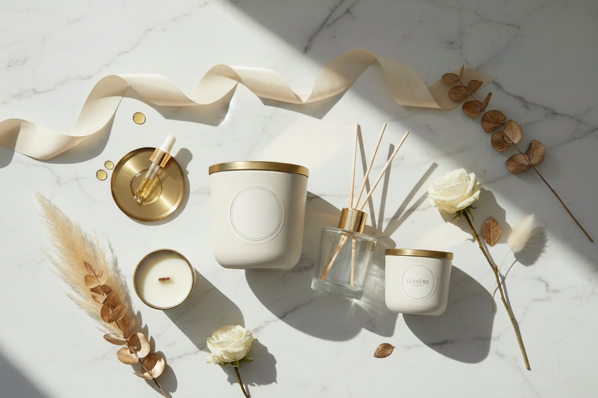A styled flat-lay of home fragrance products on a white marble surface with dried flowers and a cream ribbon. The set includes a large cream candle jar with a gold lid, a clear glass reed diffuser with cream-colored reeds, a smaller cream candle jar with a gold lid, a small round candle in a gold holder, and a small glass bottle with dropper.