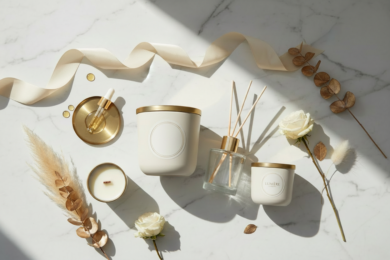 A styled flat-lay of home fragrance products on a white marble surface with dried flowers and a cream ribbon. The set includes a large cream candle jar with a gold lid, a clear glass reed diffuser with cream-colored reeds, a smaller cream candle jar with a gold lid, a small round candle in a gold holder, and a small glass bottle with dropper.